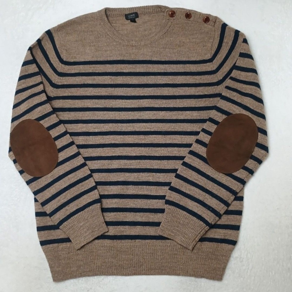 JCrew Sweater Mens L Beige Striped Crew Merino Wool Elbow Patch Pullover Knit